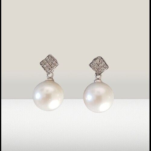 Diamant Pave Ohrringe Raute mit Weissen Perfekten Runden Ming Perle wechselbar